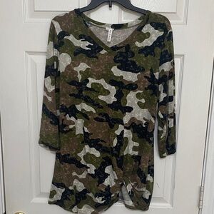 Camouflage V-Neck Long Sleeve Top